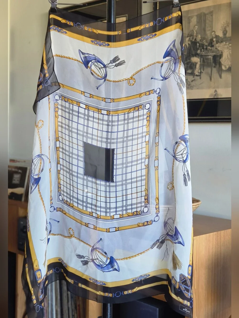 Marin Black Sheer Scarf with Gold & Blue Heraldic Print